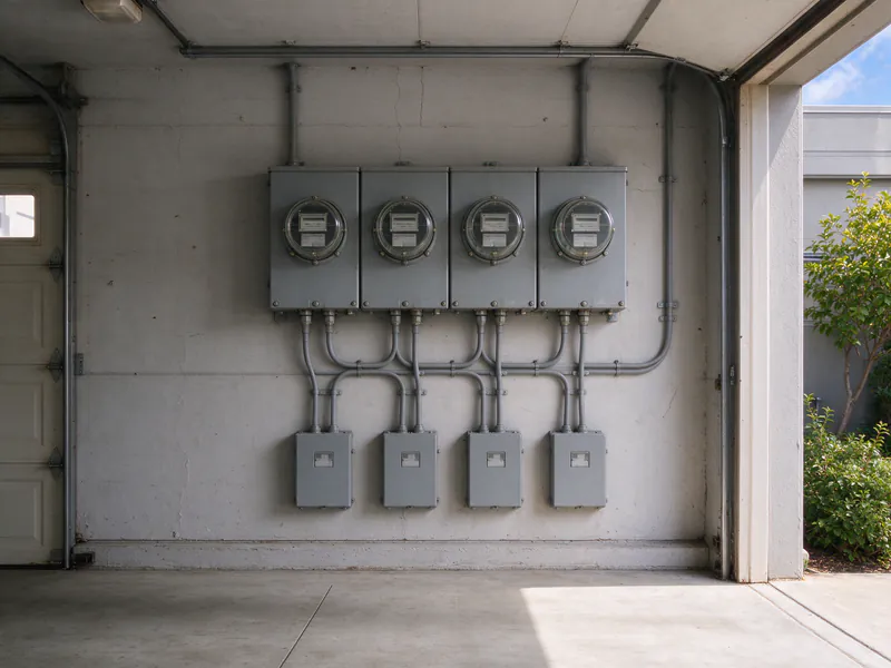 A bank of four round electric meters in a row on the garage wall of a San Francisco flat building