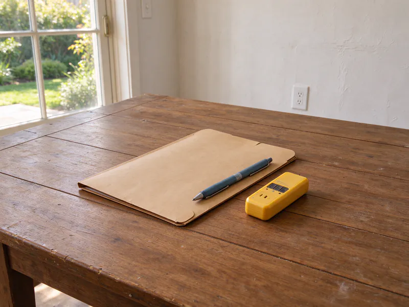 A closed manila folder, a pen and a plug-in outlet tester on a dining table by a window