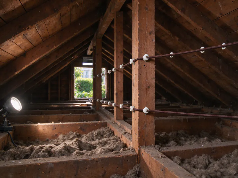 Cloth-covered wires on porcelain knobs along a post and rafters above old loose-fill insulation in an attic