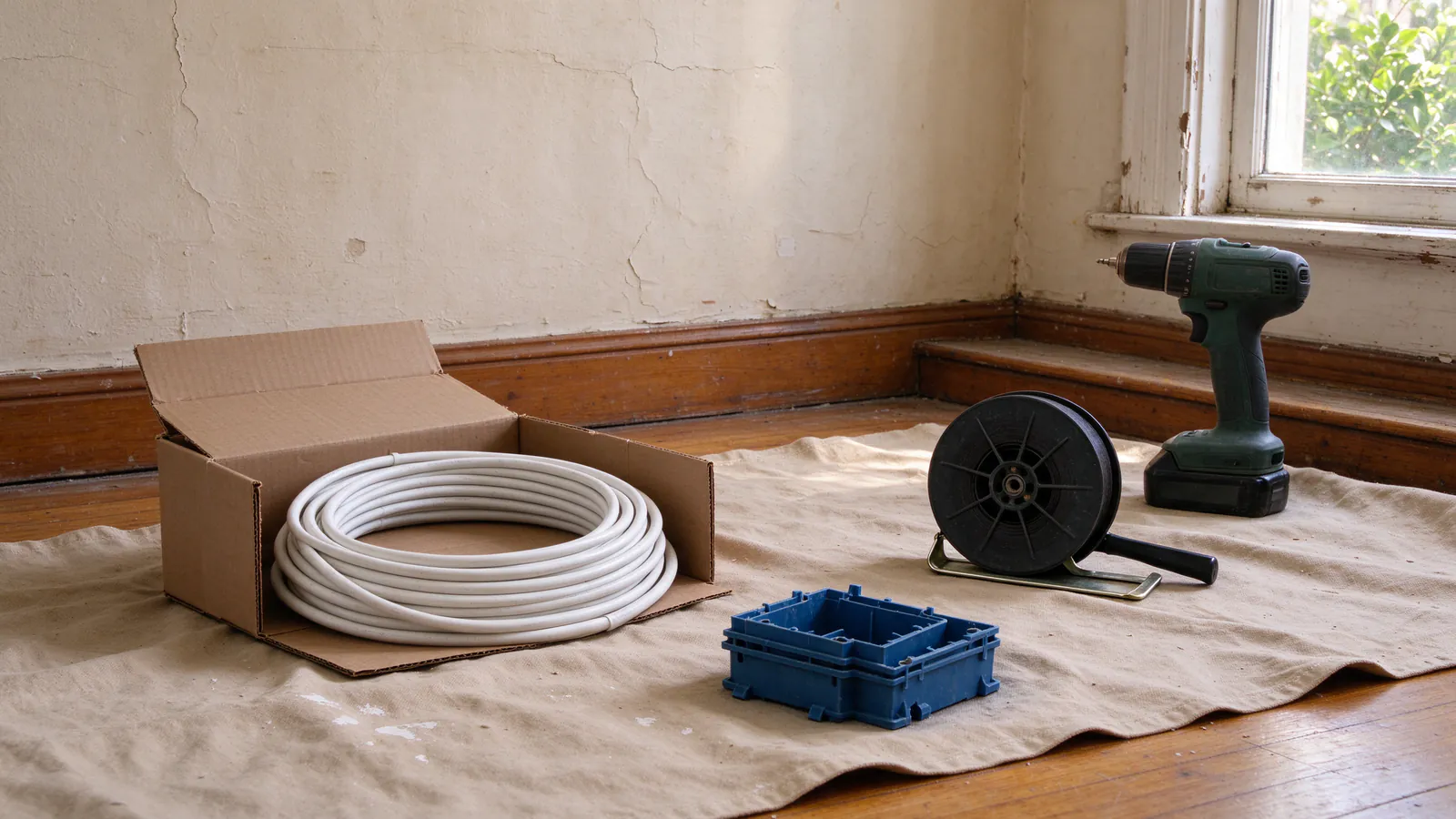 A coil of new white cable, blue electrical boxes, a fish tape reel and a drill on a drop cloth in an older flat