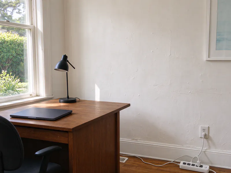 A desk in a bright plaster-walled room with a power strip plugged into a new three-prong outlet