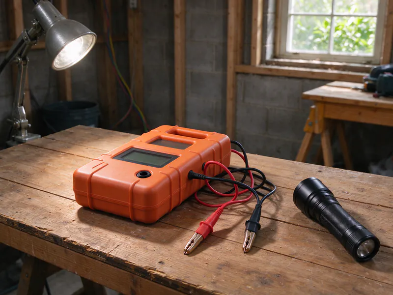 A digital insulation resistance tester with red and black test leads on a basement workbench