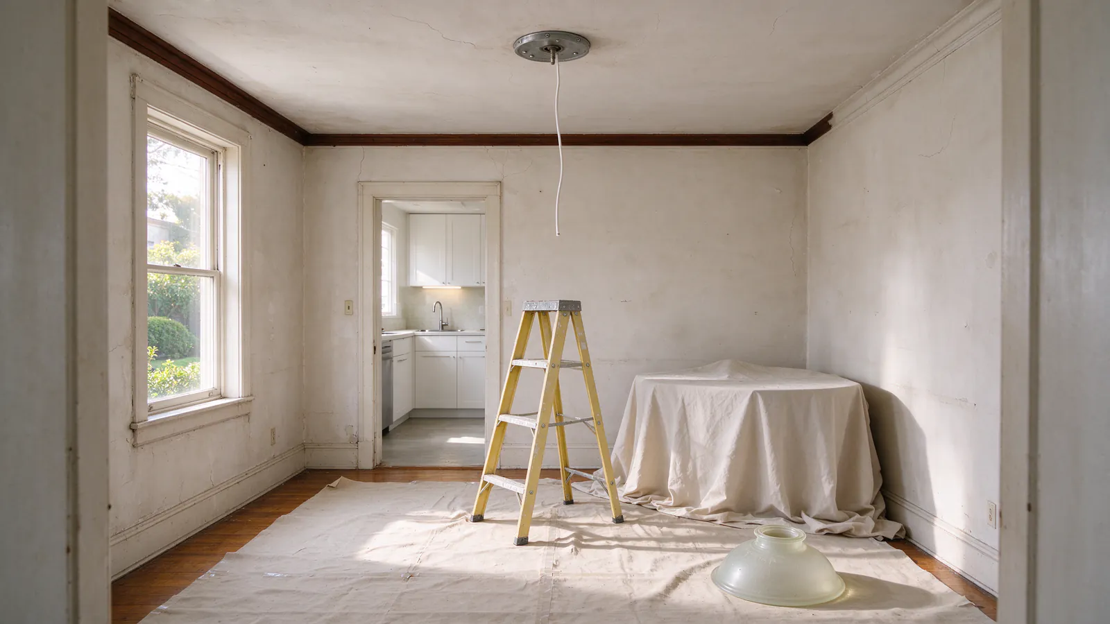 A dining room in an older San Francisco flat with the ceiling light taken down, new white cable at the open ceiling box and a stepladder on a drop cloth