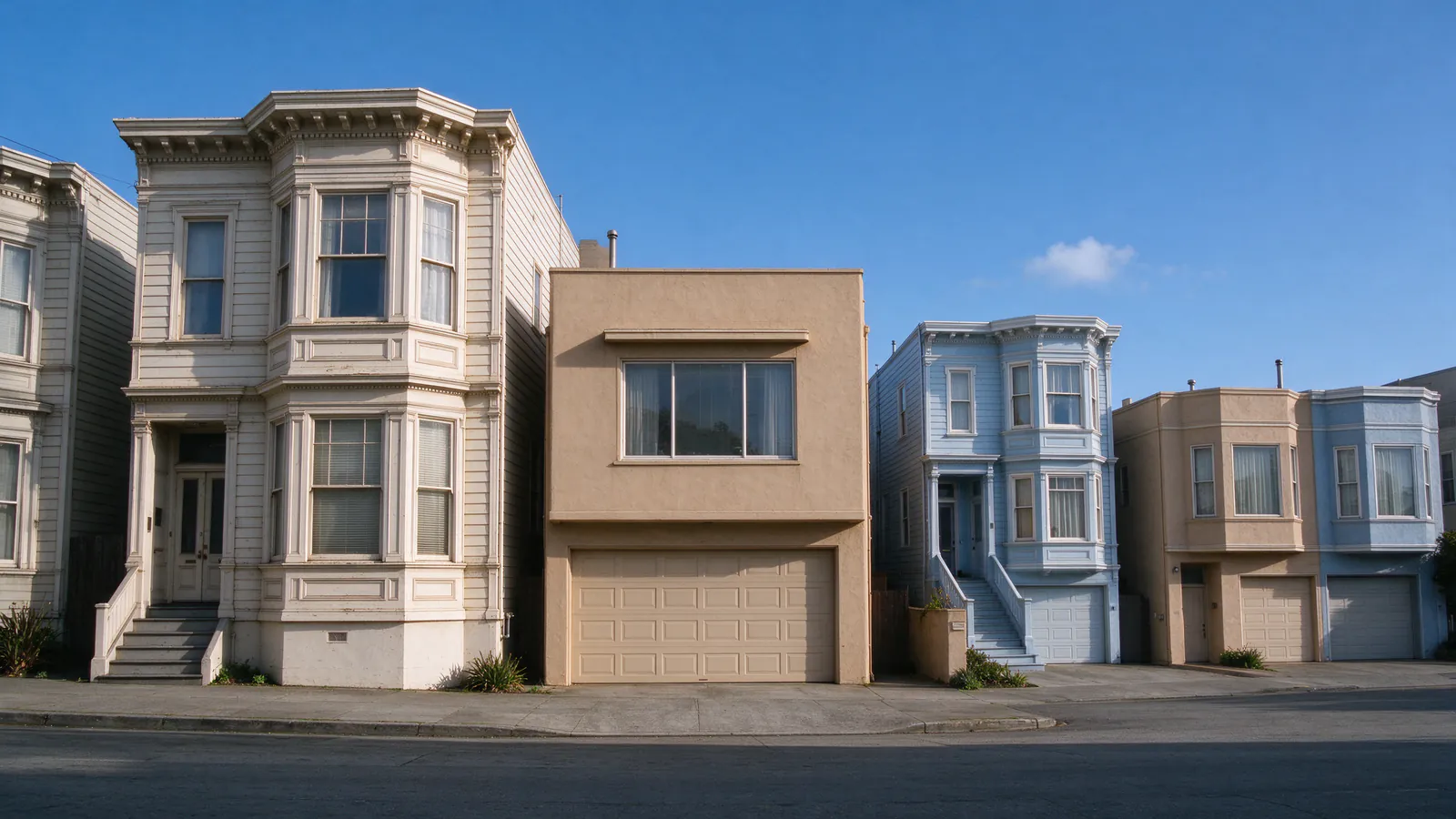 An Edwardian wood-sided two-flat with stacked bay windows beside a 1930s stucco row house with a street-level garage in the Richmond District