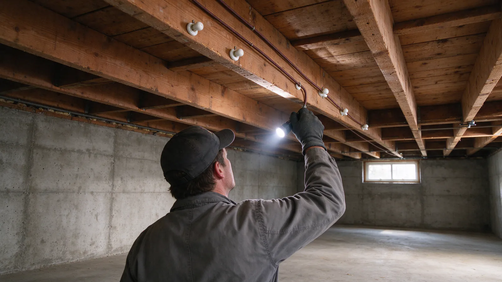 An electrician seen from behind shining a flashlight on cloth-covered wires on porcelain knobs in a basement