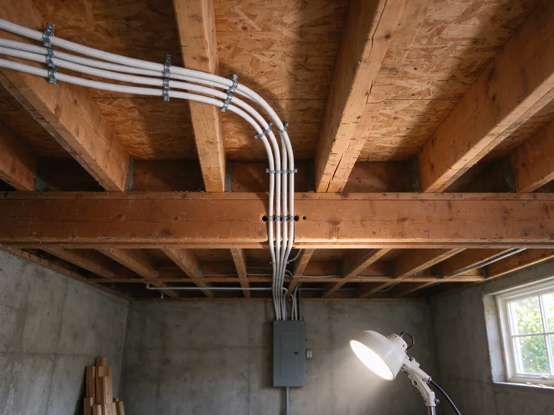 Four new white cables stapled along a basement joist and passing through drilled holes toward the panel