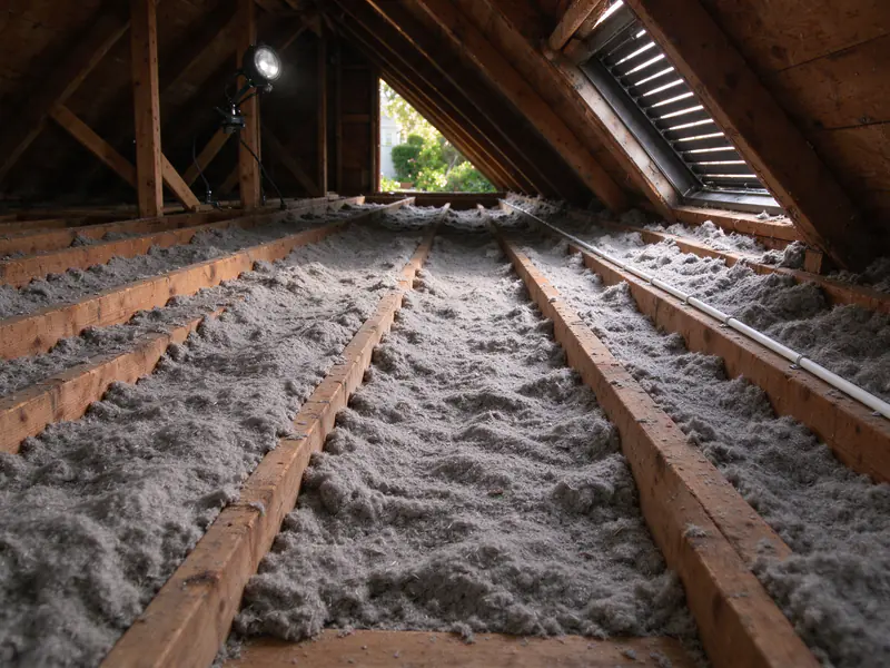 Fresh blown insulation leveled between attic joists with a new cable stapled along a joist
