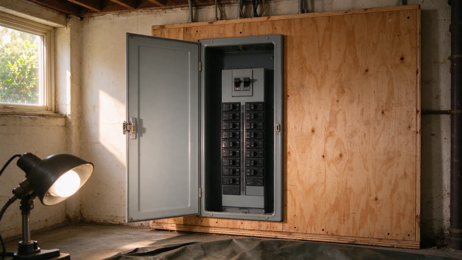 A gray breaker panel with its door open showing a large main breaker above two columns of branch breakers