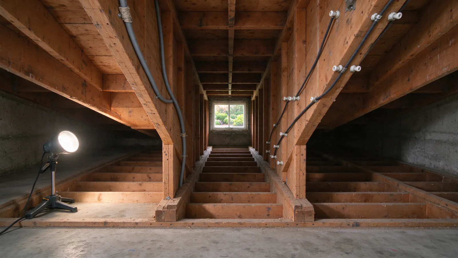 Gray cloth-covered cable along one basement joist and knob and tube wires on porcelain knobs along the next
