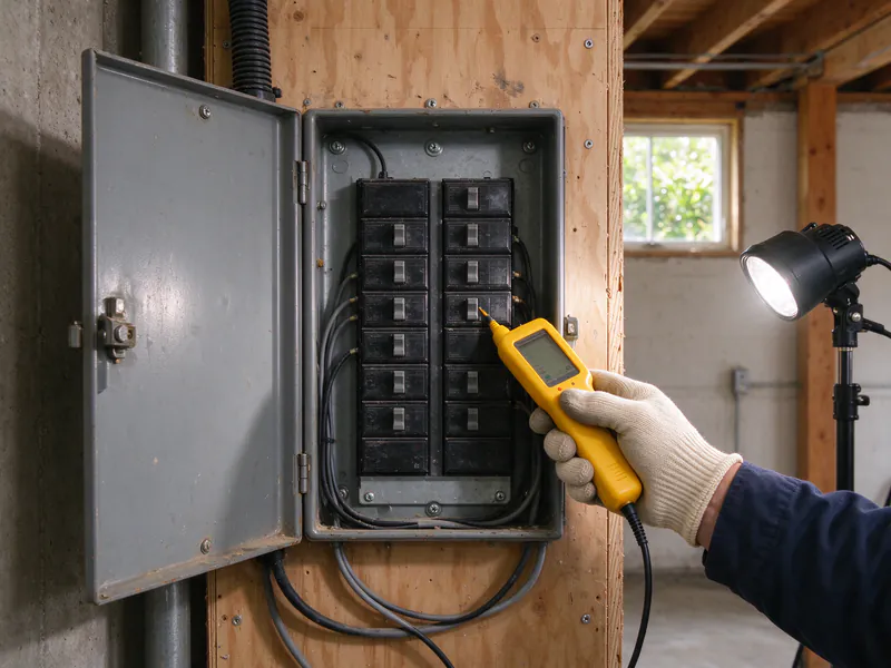 A handheld circuit tracer receiver held against a breaker in an open panel