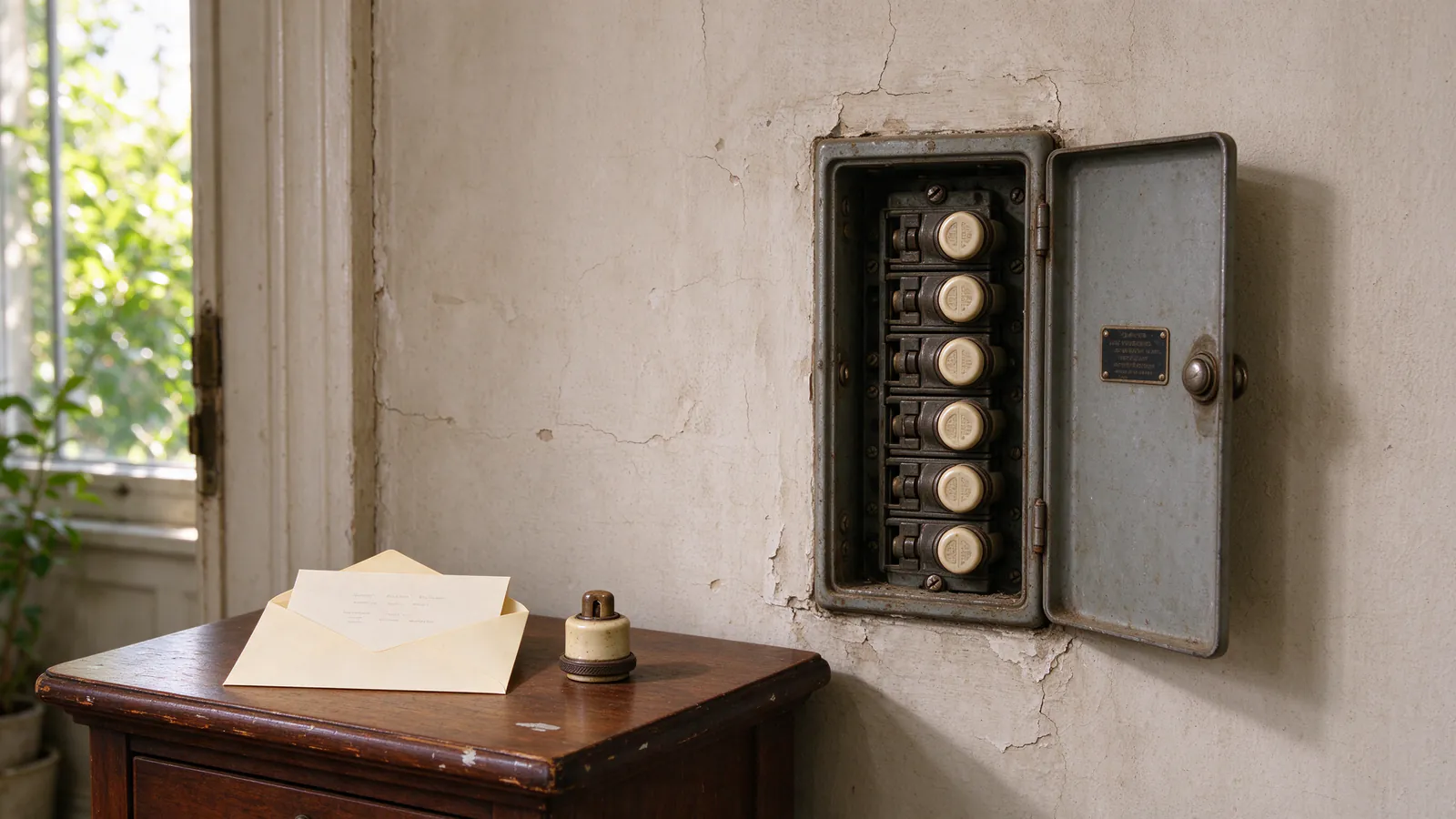 A letter and an old screw-in plug fuse on a hall table in an older San Francisco flat, with an open fuse box on the wall behind