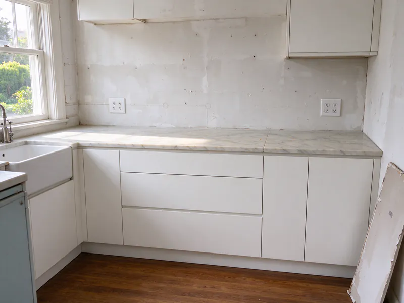 New countertop receptacles in a kitchen under remodel, cabinets in place and the backsplash not yet tiled