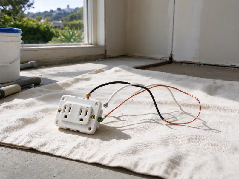 A new three-prong receptacle with black, white and bare copper wires on its screws, lying on a drop cloth