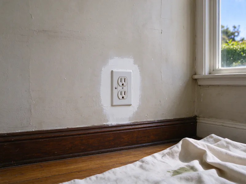 A new three-prong receptacle in a freshly patched plaster wall above a dark wood baseboard