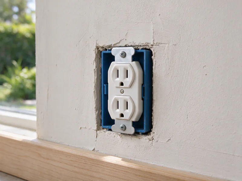 A new white three-prong receptacle in a blue box set into a plaster wall, its cover plate not yet installed