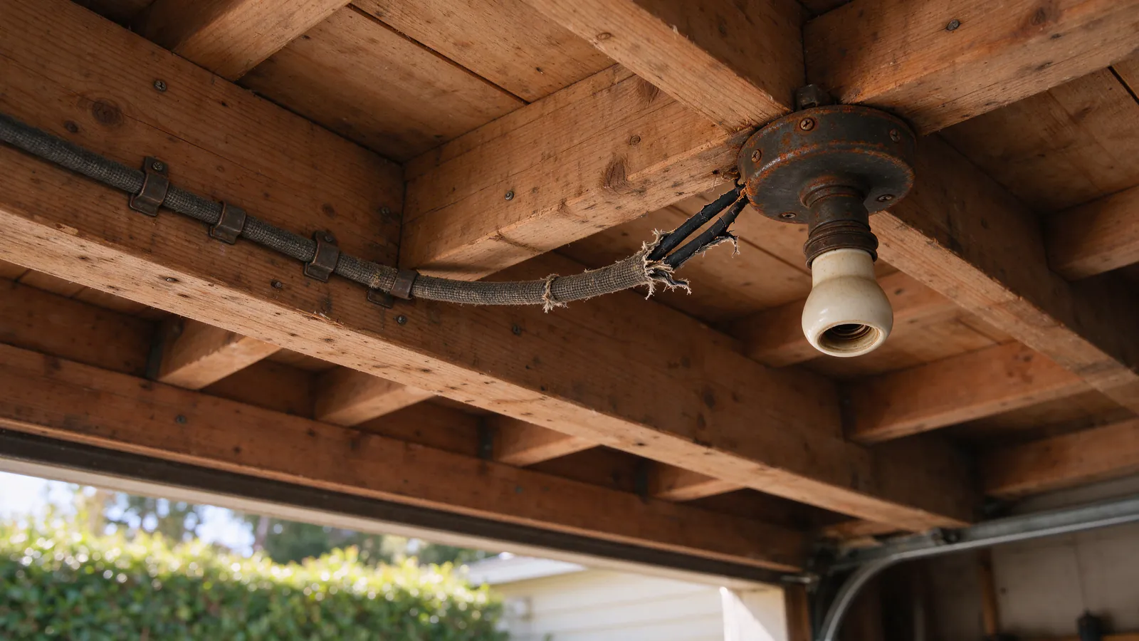 An old cloth-sheathed cable with a frayed fabric jacket at a rusted ceiling box on the garage joists of a San Francisco house