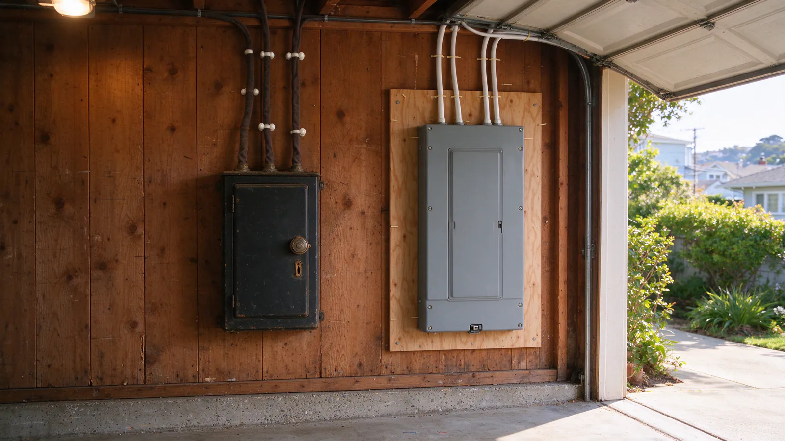 An old fuse box with cloth-covered wires beside a new circuit breaker panel on a San Francisco garage wall