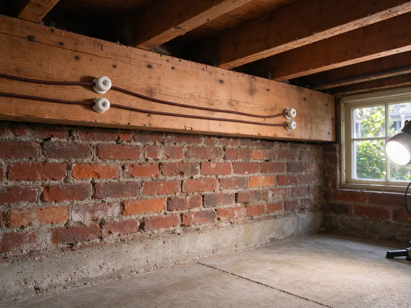 Old knob and tube wiring on porcelain knobs along the joists above the brick foundation of a raised Victorian basement