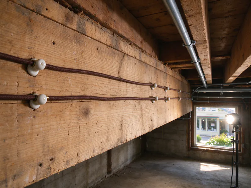 Old porcelain-knob wiring and new metal conduit side by side in the basement under a storefront