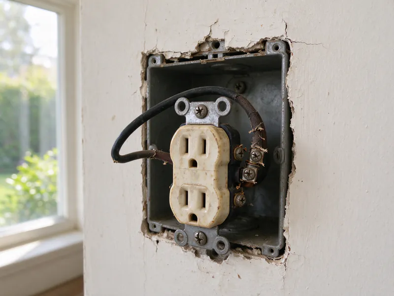 An old receptacle pulled from its metal wall box, its rubber and cloth wire insulation crumbling