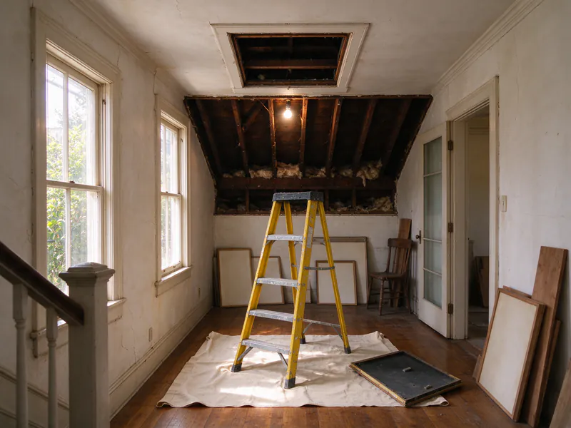 An open attic hatch in an upstairs ceiling, its cover on the floor, with a stepladder on a drop cloth