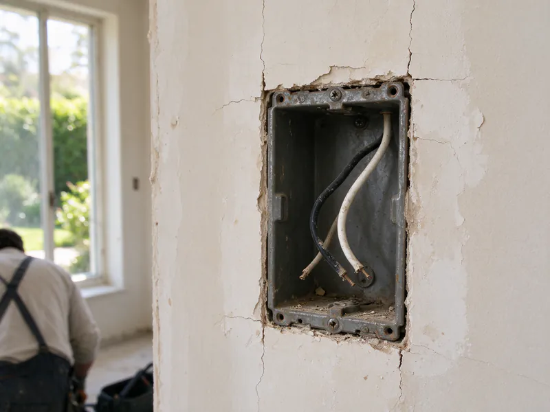 An opened old metal outlet box in a plaster wall with one black and one white wire and no ground wire