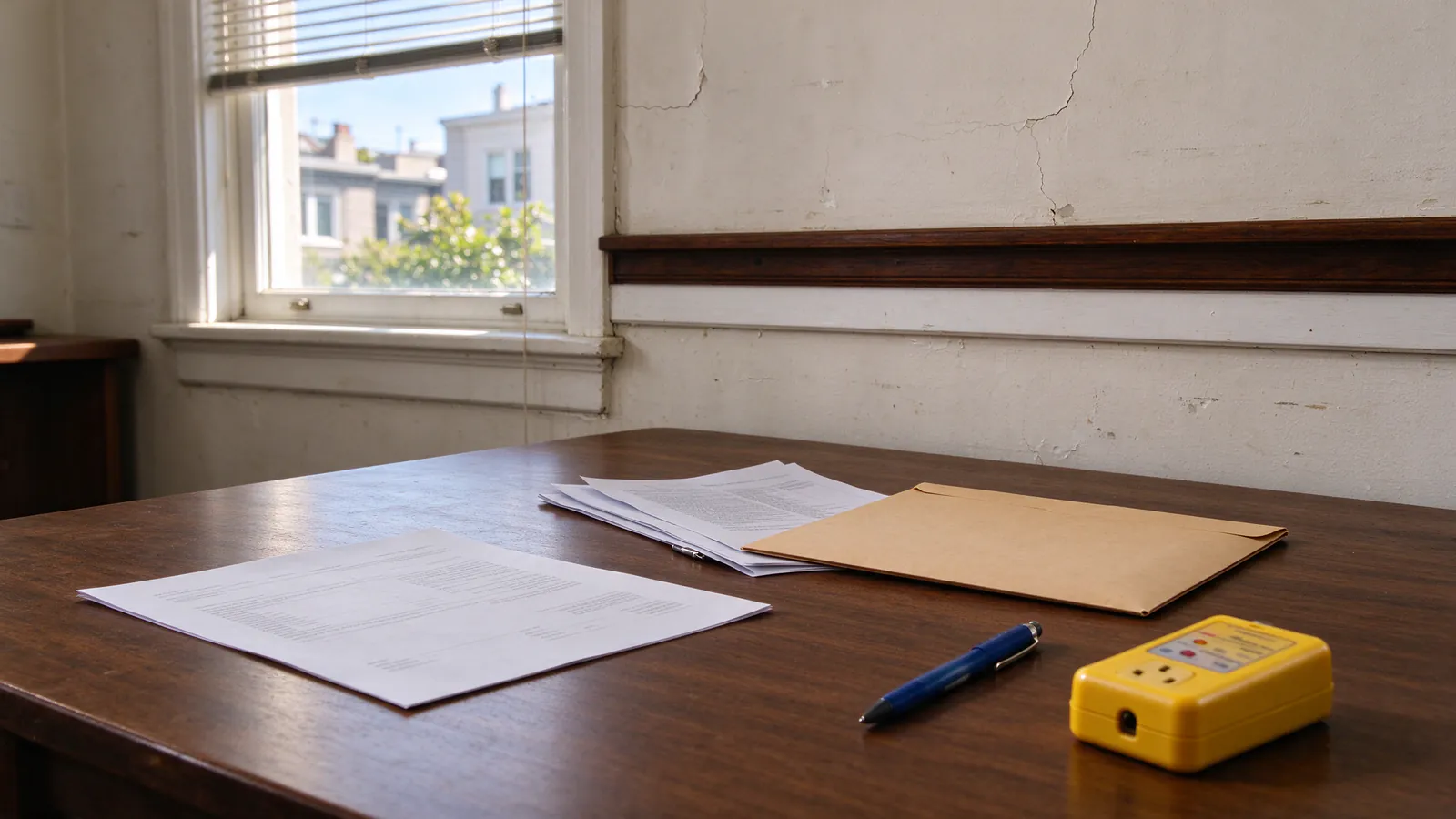 Papers, a manila folder, a pen and a plug-in outlet tester on a dining table in a bright older San Francisco flat