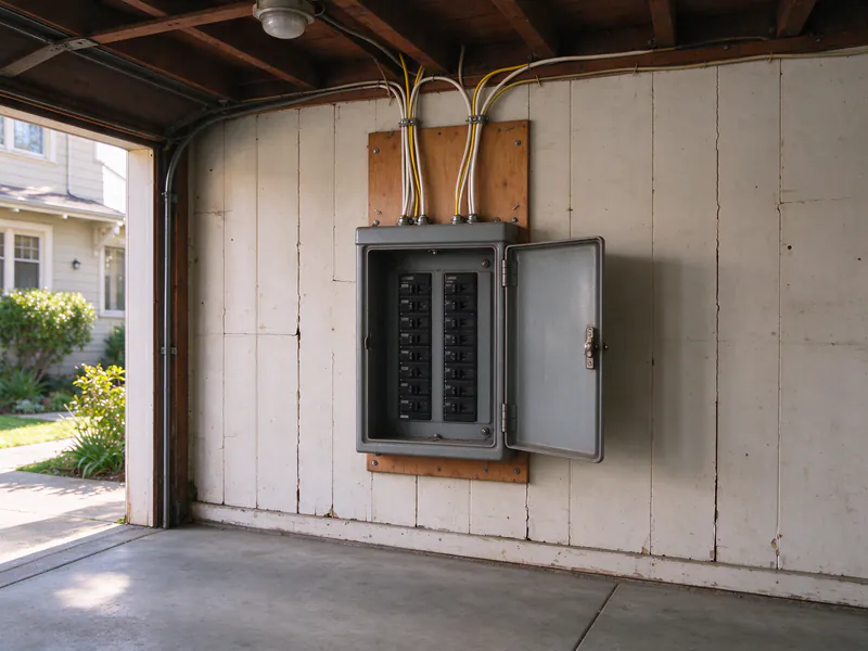 The same garage wall with a new gray breaker panel on a plywood backboard and new cables running up to the joists