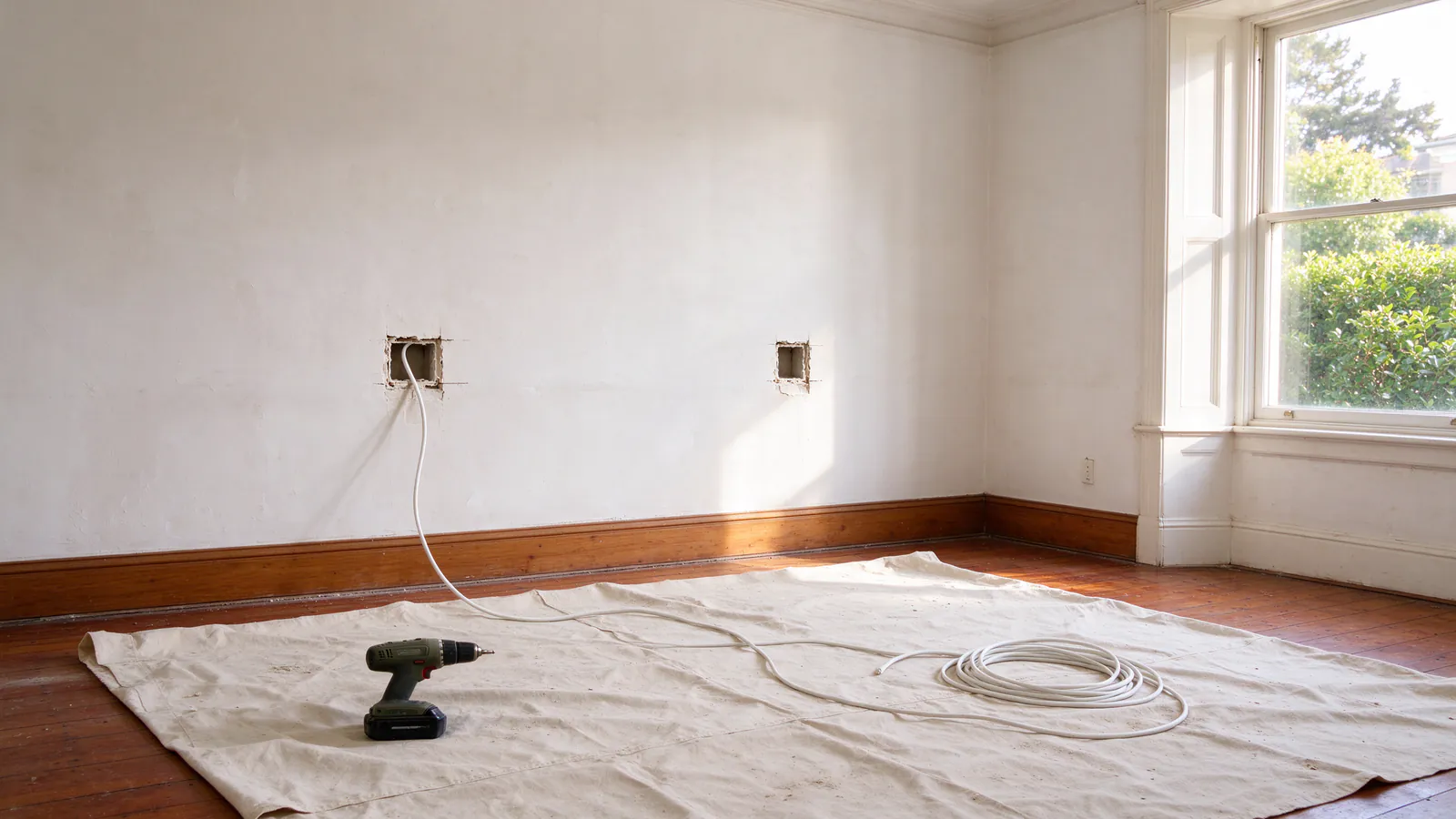 A San Francisco Edwardian flat mid-rewire, with drop cloths on the wood floor and two small openings in a plaster wall, new white cable coming out of one