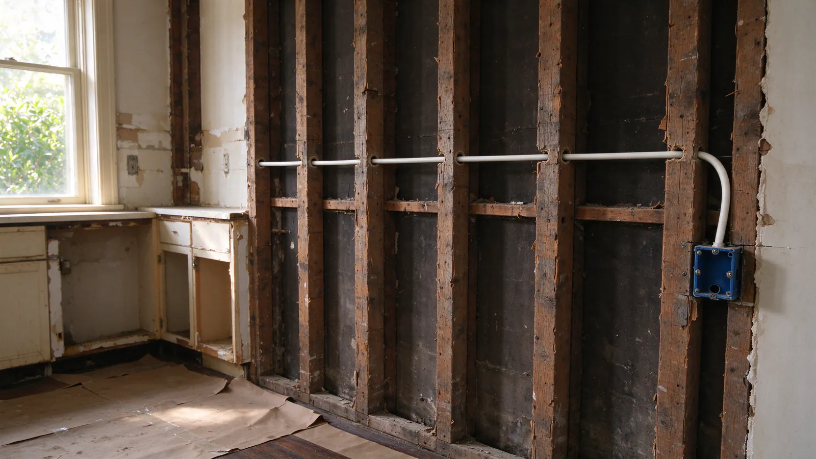 A San Francisco kitchen mid-remodel with the wall stripped to the studs and a new white cable threaded through the studs to a blue electrical box