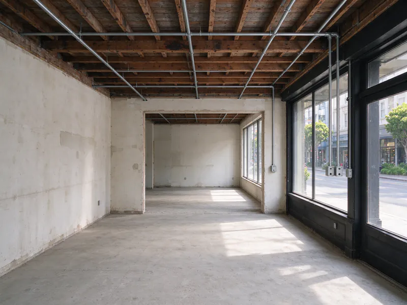 Silver metal conduit running along the open ceiling of an empty ground-floor shop