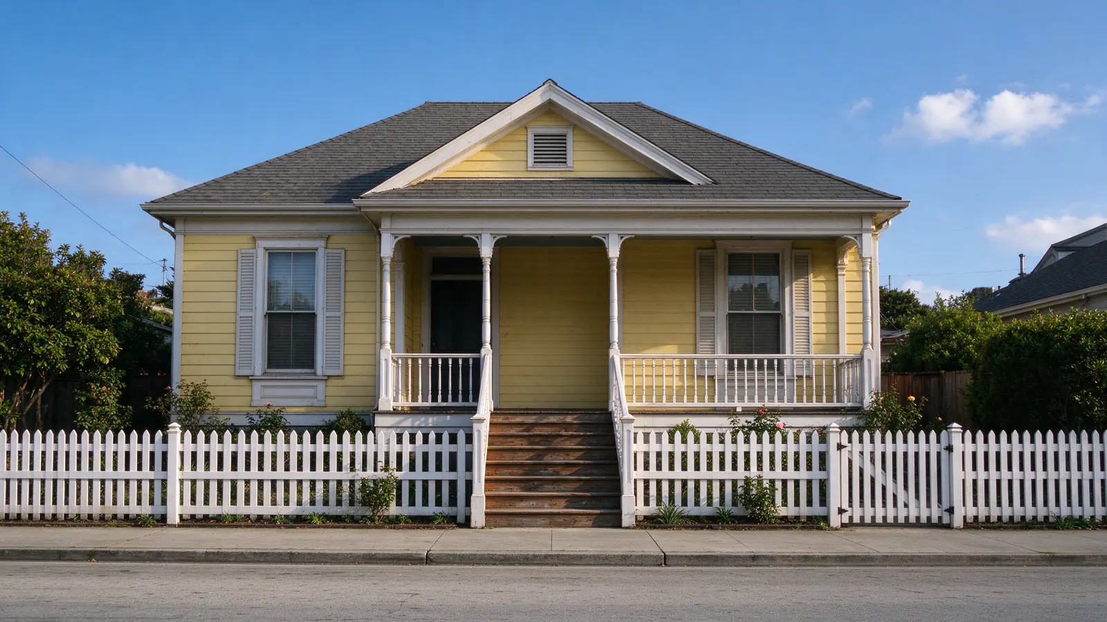 A single-story Alameda Victorian cottage with a raised front porch, tall narrow windows and a white picket fence