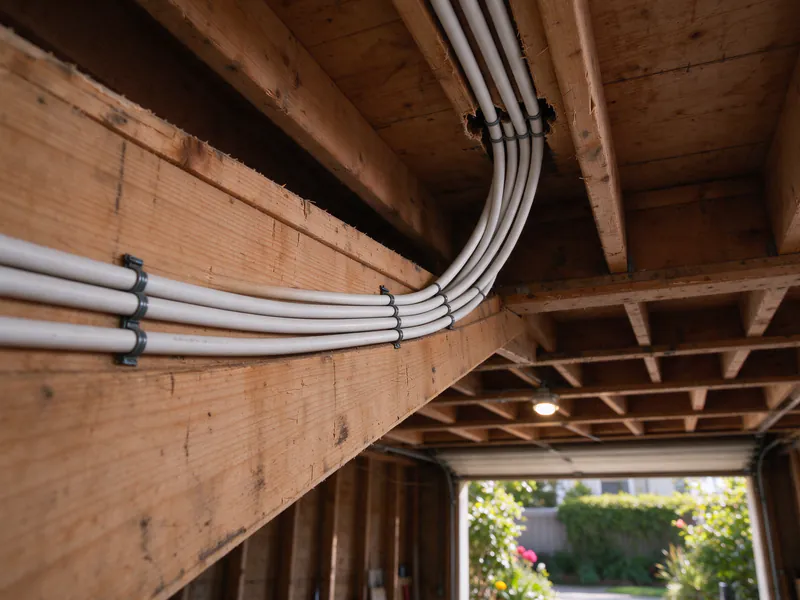 Six new white cables stapled along a garage ceiling joist and turning up to the units above