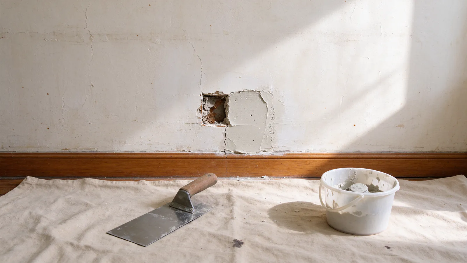 A small opening in a plaster wall half filled with fresh patching plaster, a trowel and mixing bucket on the drop cloth below