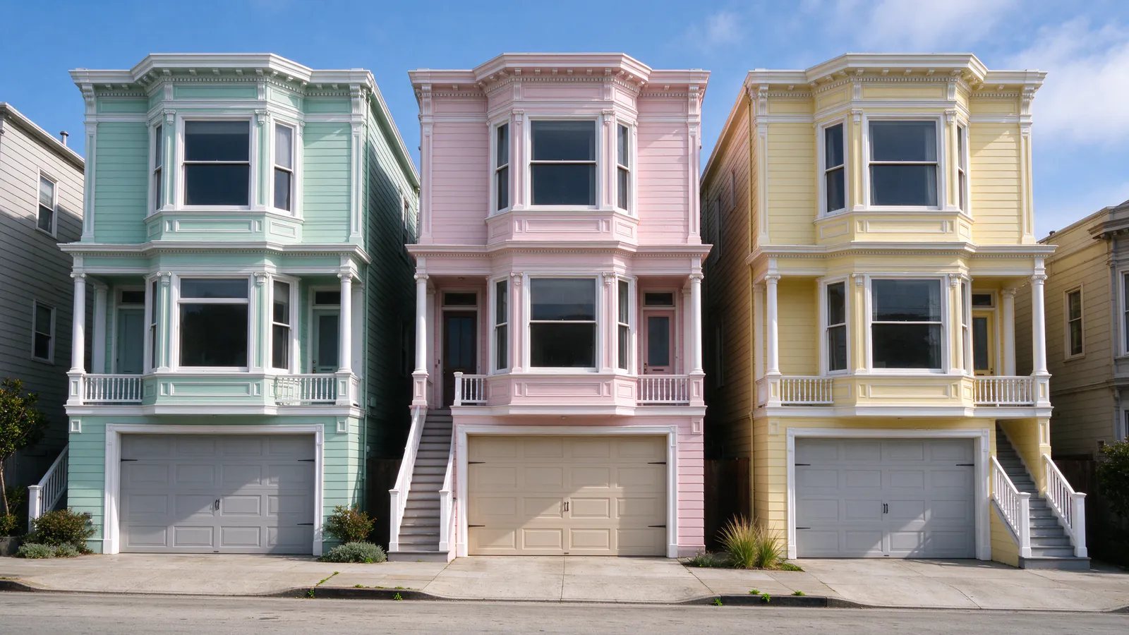 Three attached pastel Edwardian houses with bay windows over garage doors on a sunny San Francisco street