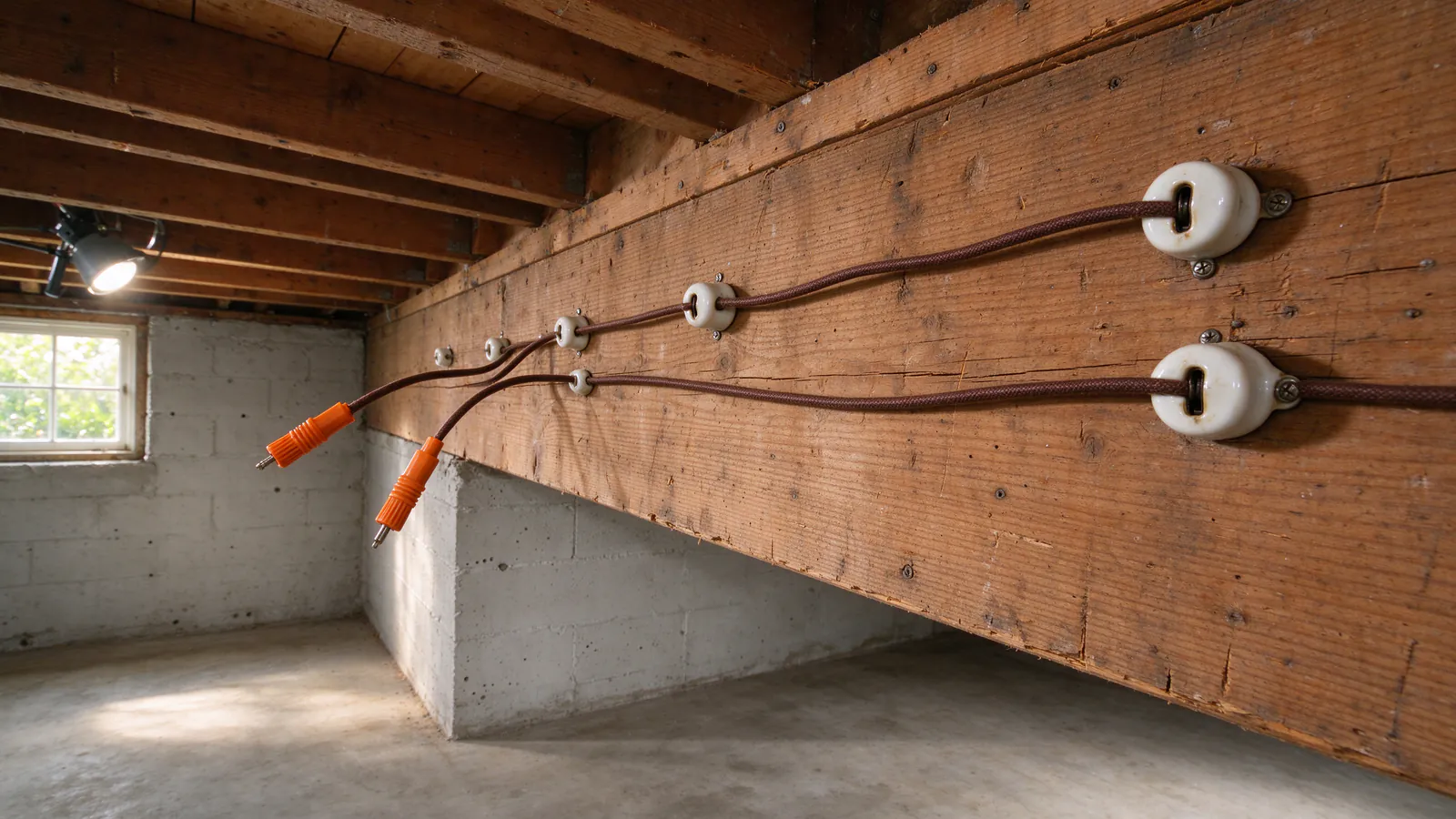 Two cloth-covered conductors on porcelain knobs along a basement beam, their cut ends capped with orange wire connectors