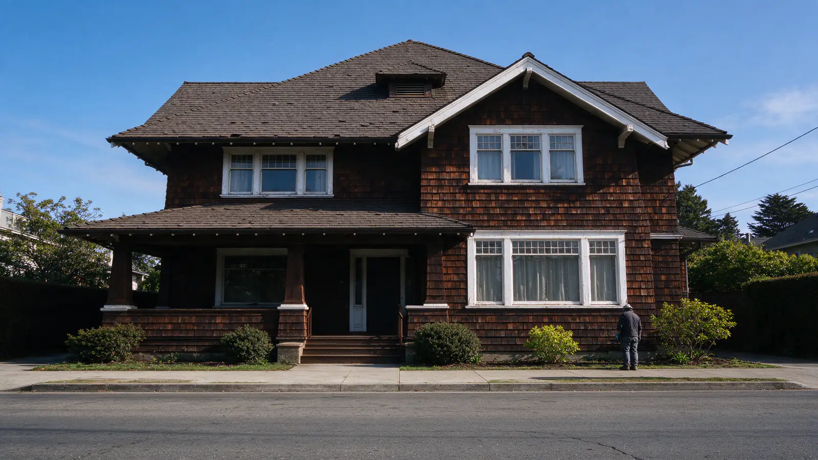 A two-story brown-shingle Craftsman house on a Berkeley street with a deep front porch and a small attic vent in the gable