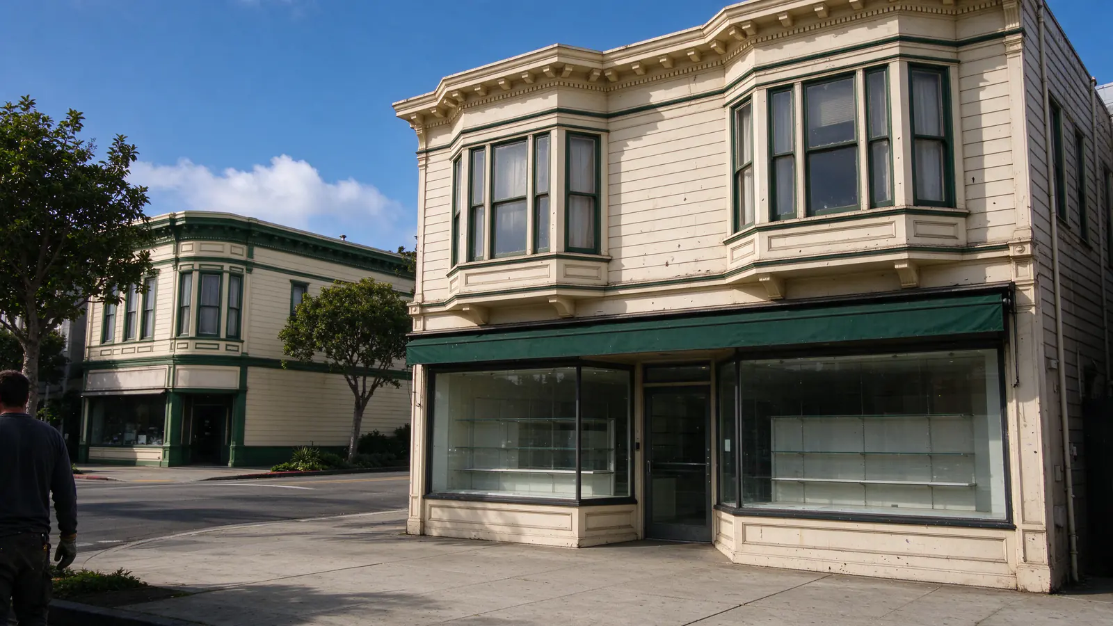 A two-story San Francisco corner building with a ground-floor storefront under a plain awning and two bay-windowed flats above