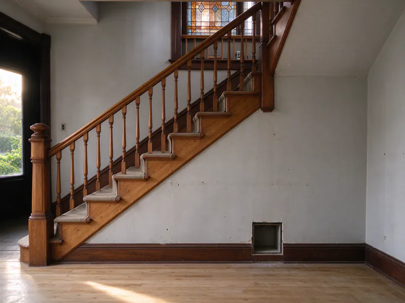 A Victorian stair hall with a turned newel post and a small access opening above the baseboard